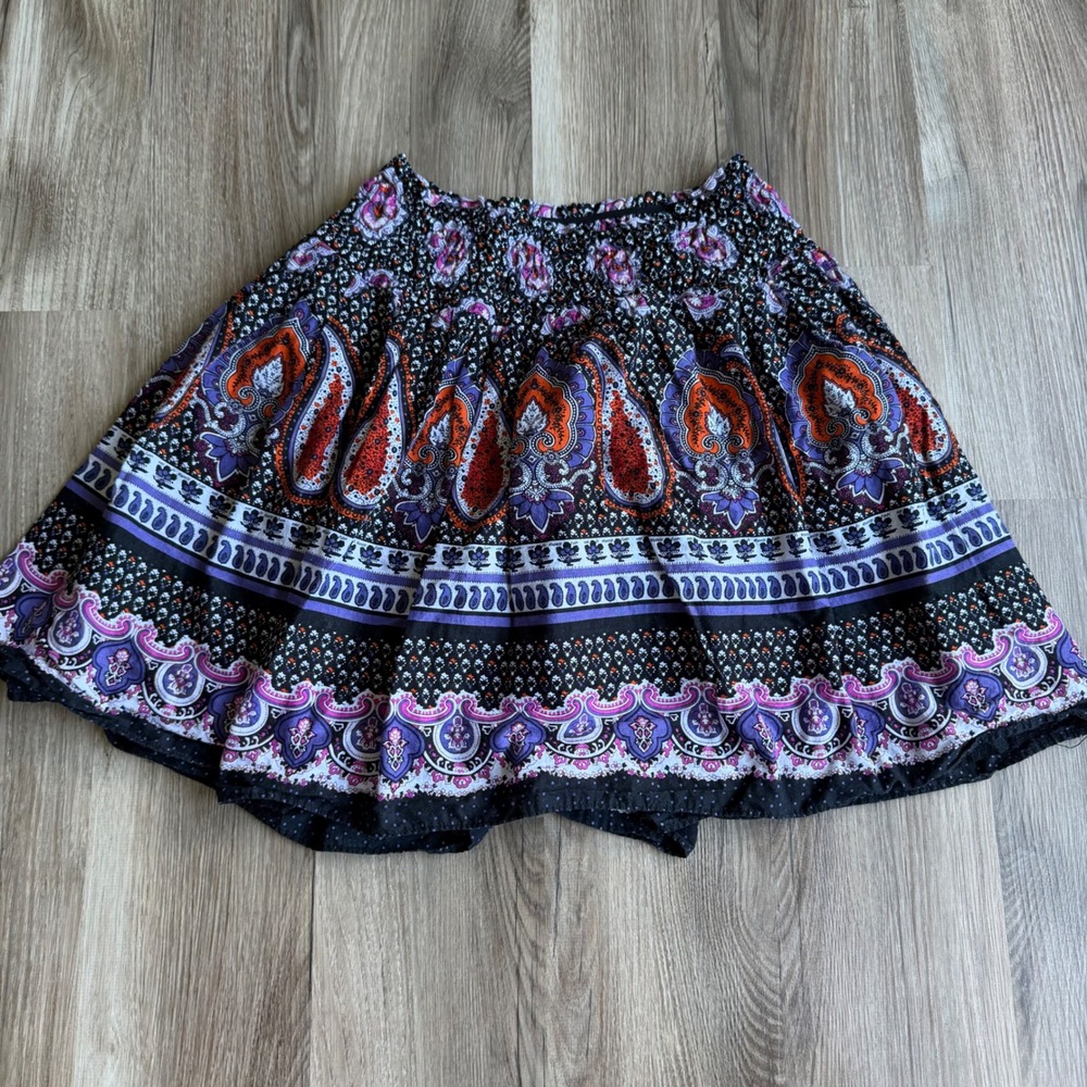 Y2K Chime Boho Paisley Smocked Mini Skirt Purple‎ Orange Floral Festival Size M